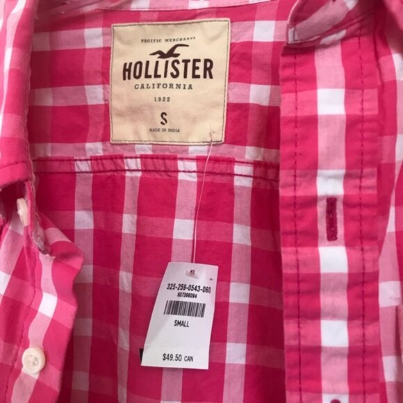 Hollister NEW Cotton Gingham Check Button Shirt Top Blouse Pink Long Sleeves S - Picture 13 of 14